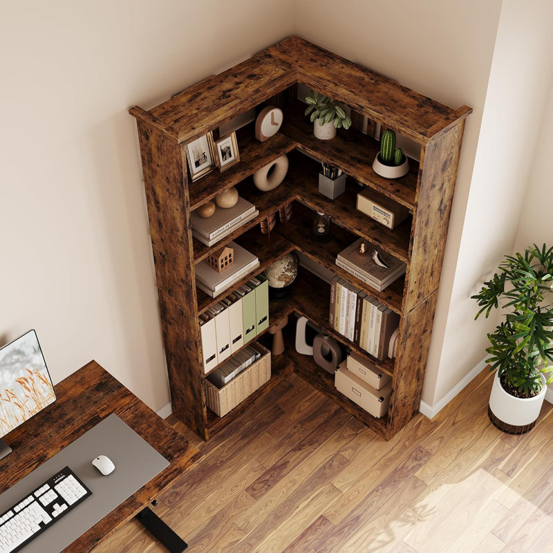 Duanna Farmhouse Bookshelf Corner Bookcase 72.8” Large Bookcase Wood Bookshelf Tall L Shaped Bookshelf 5 Tier Corner Shelf Display Rack Etagere Shelf Storage For Office Bedroom (Half Panel, Retro)