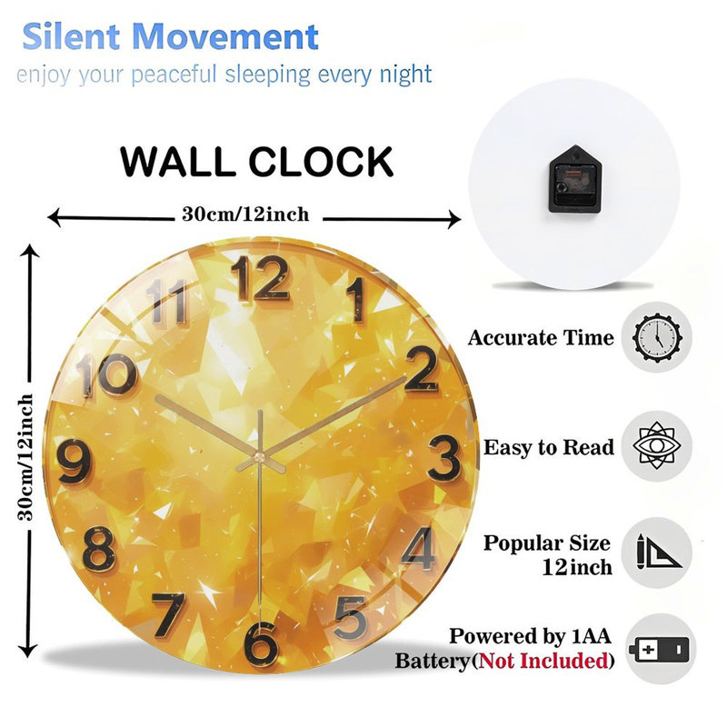 Horloge murale avec texture de cristal doré - horloge murale moderne en verre 12 po