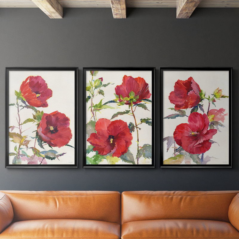 Hibiscus Glow I - Toile tendue avec châssis sur mesure - 3 pièces, Noir, H 21 po x l 30 po