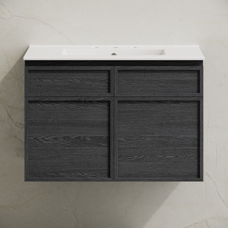 Meuble-lavabo mural en chêne noir avec comptoir à 3 trous St. Tropez, Noir, Blanc, 8 po