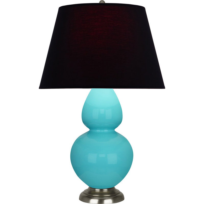 Lampe de table double gourde en céramique, Bleu œuf émaillé / argent antique, Noir / Rouge, Argent argent