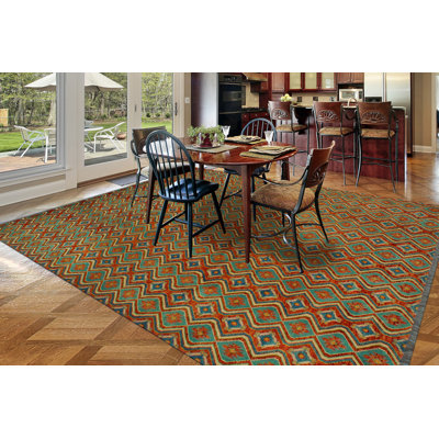 Tapis unique en laine noué à la main de 8 pi 3 po x 11 pi 6 po de couleur rouille / bleu / vert Jantinus