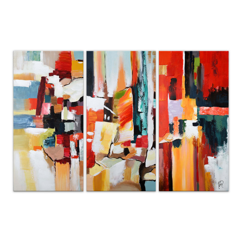 Bernadete Abstract Multicolor Graffiti Tris - 3 Piece Wrapped Canvas Painting