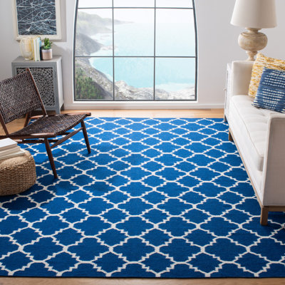 Stahl Hand Woven Flat Weave Wool/Cotton Geometric Rug in Blue/White