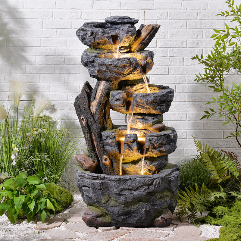 Grande fontaine en cascade de 47,2 po à 5 niveaux avec cascade de pierres et de troncs d'arbre avec lumières à DEL, débit d'eau relaxant pour le jardin, le patio, la cour et le porche