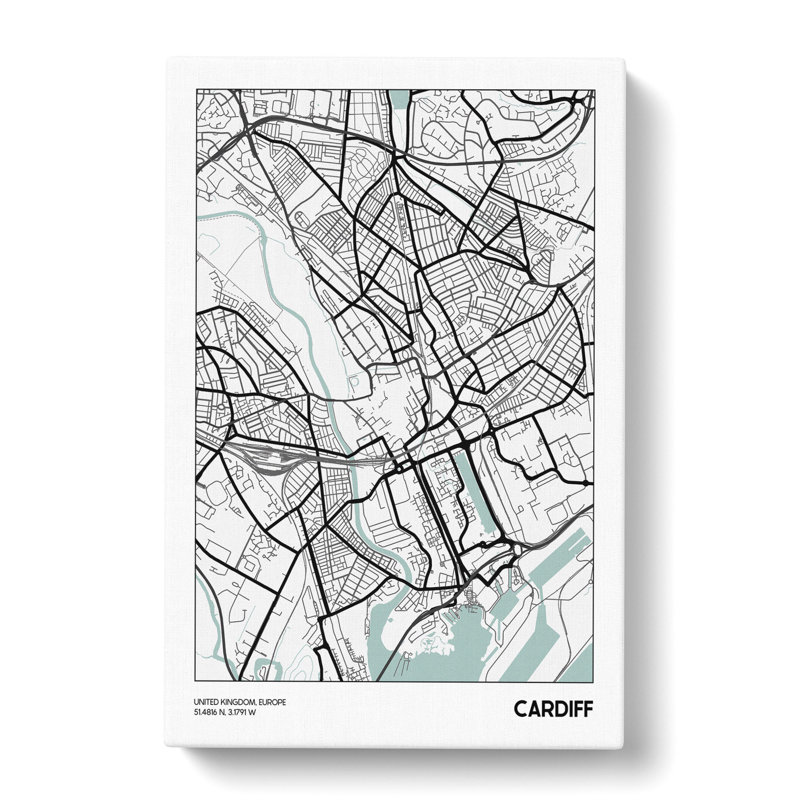 Map Cardiff UK - Wrapped Canvas Print, 91cm H x 60cm W x 3cm D