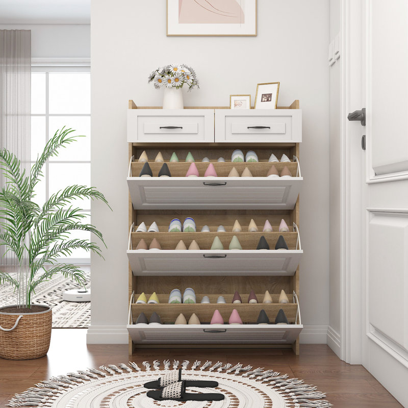 White + Oak Color Shoe Cabinet, 2 Drawers 3 Doors, Offers A Practical Storage Option Spacious Cabinet With Doors Drawers, Color, Minimizes Clutter