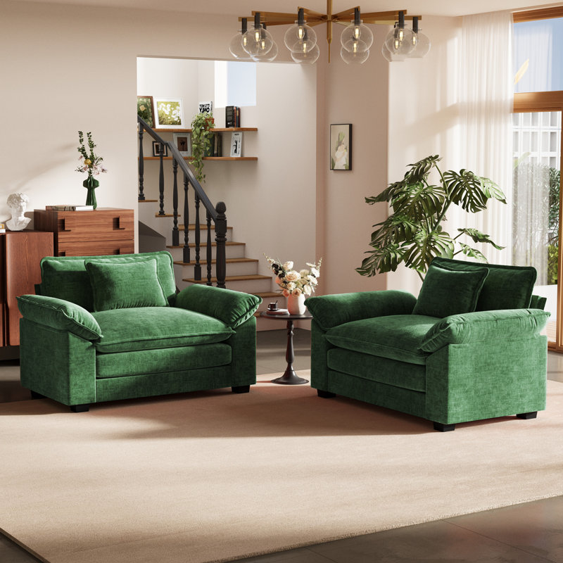 49.5'' W Oversized Premium Chenille Armchair And A Half With Accent Pillow & Removable Cushions-Set Of 2, Green