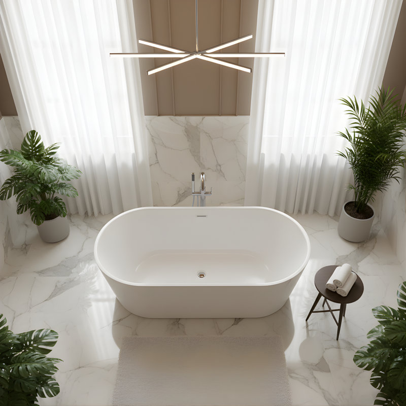 67" x 32" Freestanding Soaking Acrylic Bathtub, White/Polished Chrome