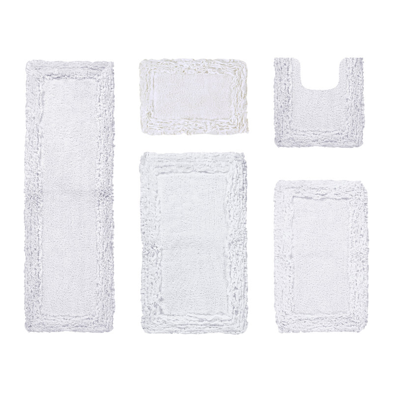 Ensemble de tapis de bain 5 pièces 100% coton 1775 g / m² Courson Premium, certifié OEKO-TEX®, envers en latex antidérapant, motif de volants touffetés moelleux, super absorbant, tapis de salle de bain lavables à la machine, blanc