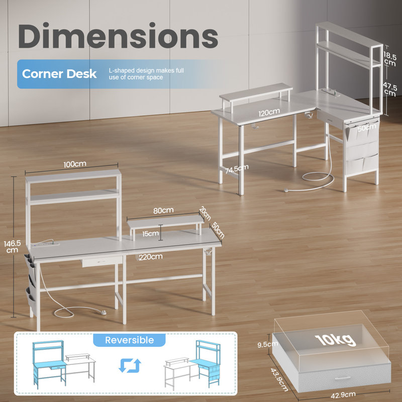 L Shaped Desk with LED Light & Power Outlet, Reversible Corner Gaming Desk with Storage Shelves & Drawer, Computer Table with Monitor Stand for Home Office, Work & Study,L Shape Set 2 Desks & Storage Shelf