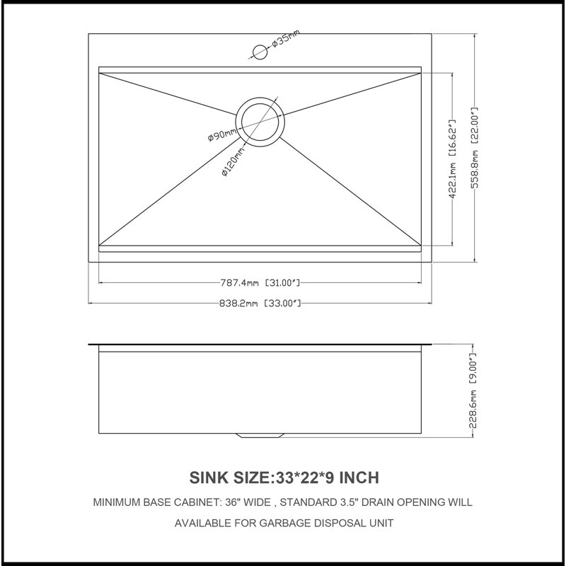 Évier de cuisine 33 po x 22 po à évier de cuisine en acier inoxydable calibre 18