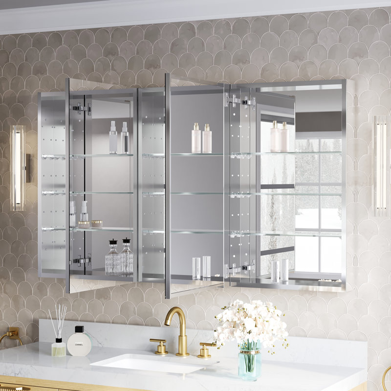 Ensemble d'armoire à pharmacie encastrée ou murale avec miroir de salle de bain et étagères en verre ajustables, 56 po L x 32 po H