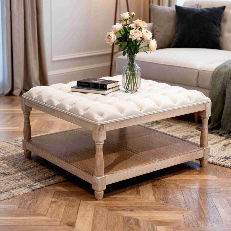 Grandes tables basses carrées avec repose-pieds pour salon, repose-pieds capitonné en lin avec tablette de rangement et pieds solides pour bureau