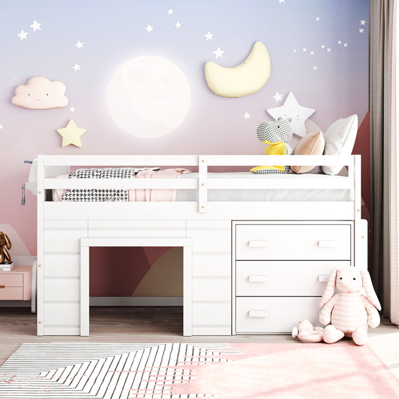 Lit mezzanine simple avec armoire et tablette, Blanc