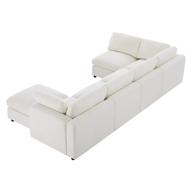 Ensemble de canapé convertible 129 po en U en chenille avec repose-pieds, combinaison libre et canapé-lit, White