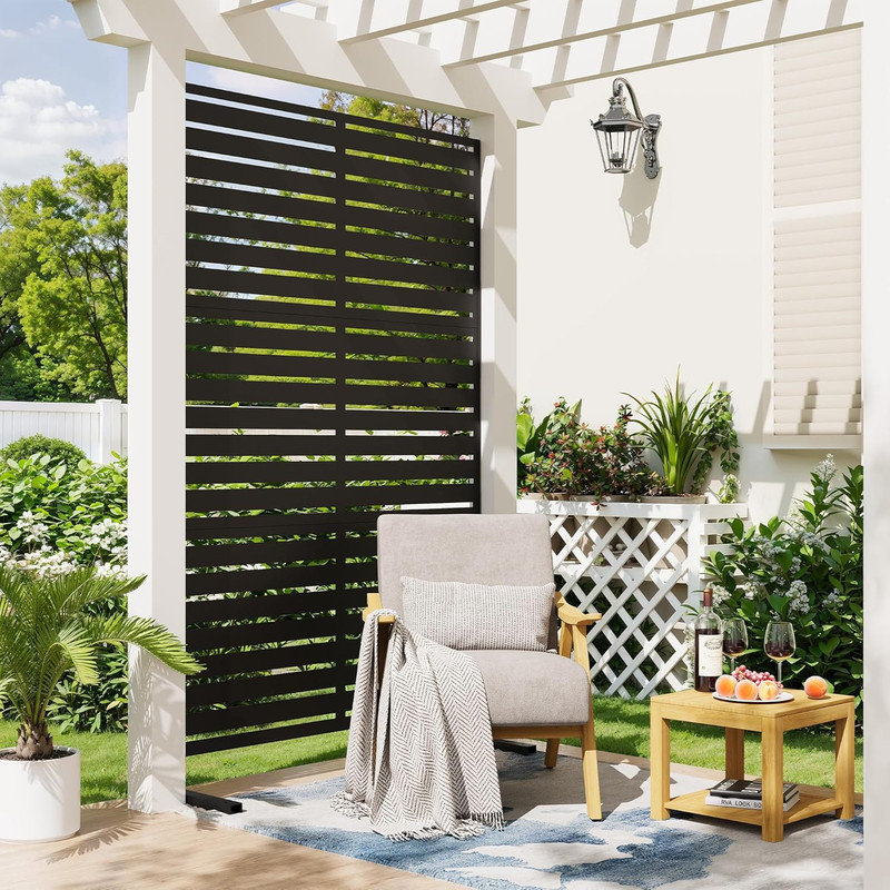 Écran d'intimité en métal 72 po x 47 po - Panneau de clôture autoportant 6 pi pour jardin, balcon, terrasse, Black