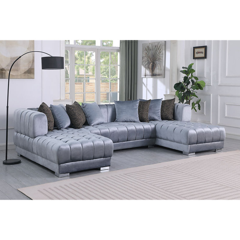 Canapé modulaire rembourré 3 pièces Khysen, Velours gris