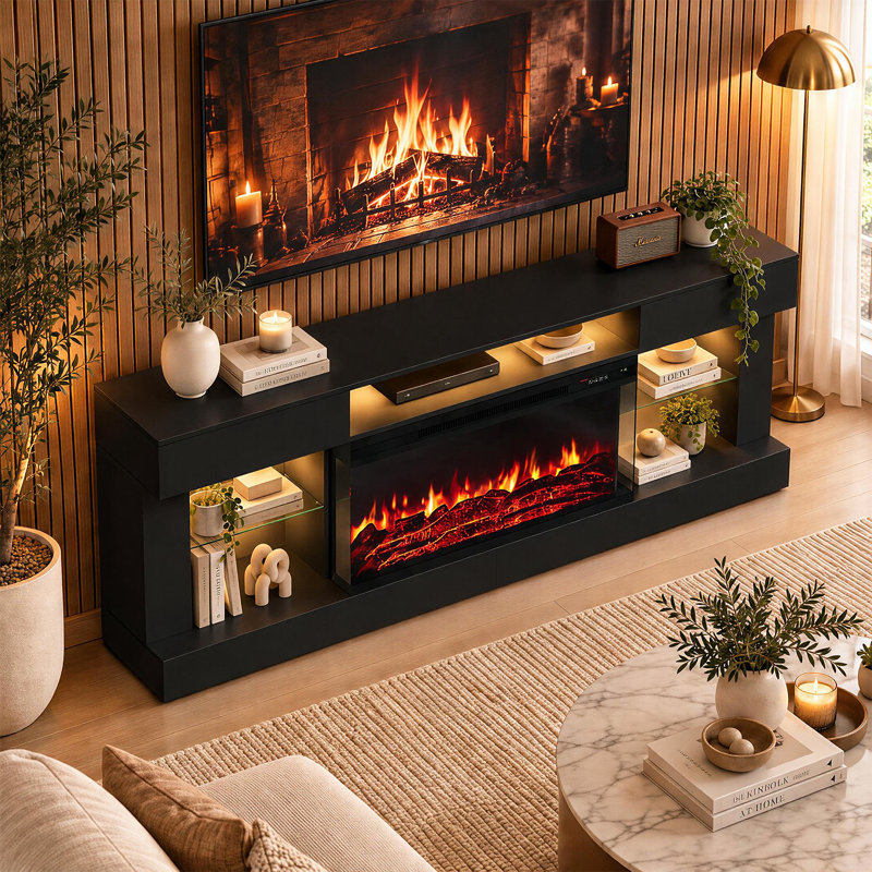 Electric Fireplace TV Stand, 76cm H x 203cm W x 35cm D, Black
