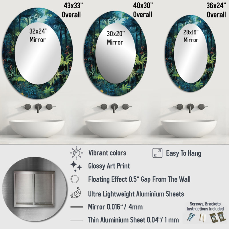 Jungle Expedition - Miroir décoratif ovale sur métal, 36 po x 24 po
