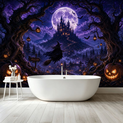 Peel and Stick Wallpaper Wall Mural Haunted Castle Full Moon Witch Pumpkins Gothic Halloween Forest Wall Art Self Adhesive and Removable