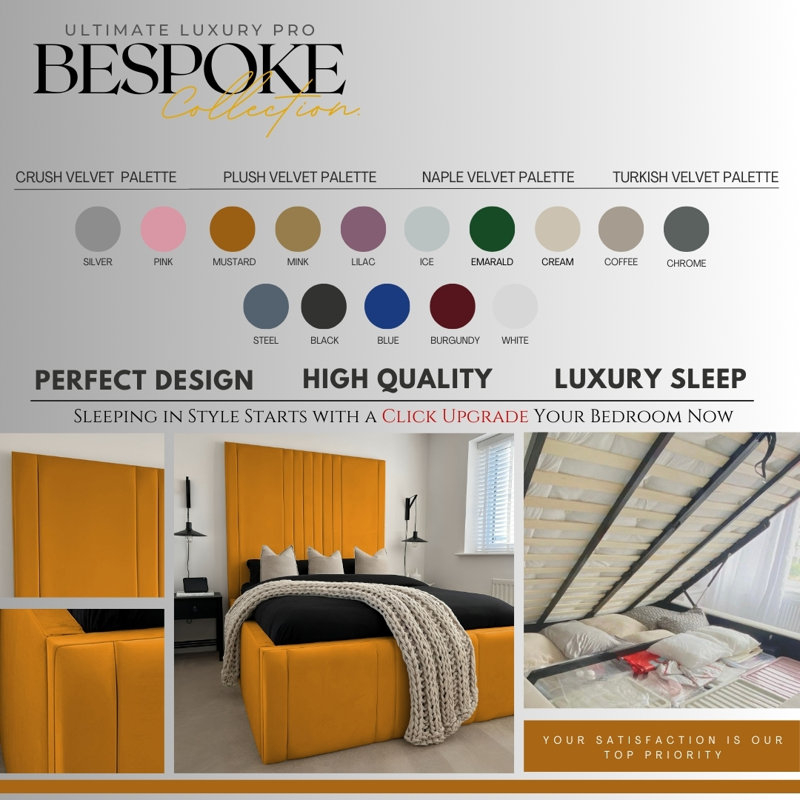 Ottoman Upholstered Bed - Dreamcape Plush Velvet Gas Lift Storage with Headboard, Mustard, Double (4'6)