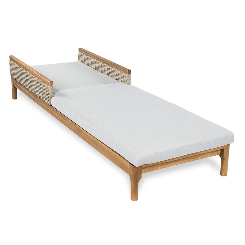 Solid Acacia Wood Sun Chaise Lounger with Cushions and Light Grey Wicker, 76.8" Outdoor Patio Furniture for Garden, Deck, Poolside Relaxation