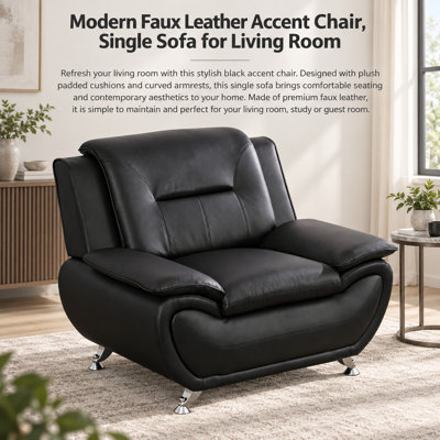 Fauteuil lounge contemporain en similicuir noir, fauteuil une place avec dossier surpiqué, assise rembourrée épaisse et pieds chromés incurvés, meuble d'appoint pour salon ou bureau.