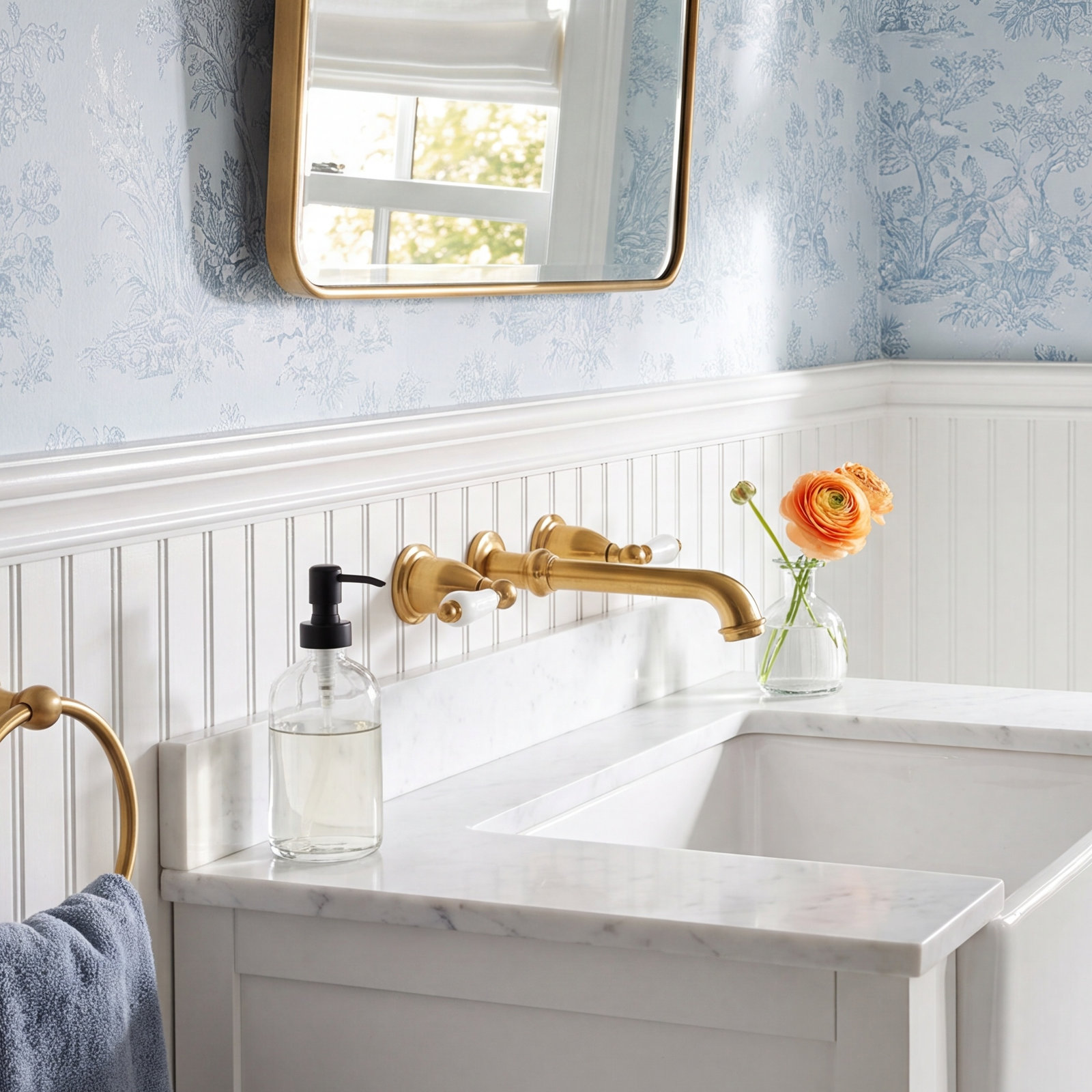 English Country Wall-Mounted Roman Tub Faucet, Satin Brass/White