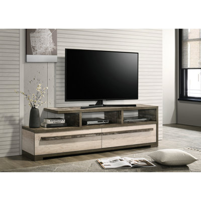 Meuble multimédia contemporain avec étagère ouverte, bois bicolore et tiroirs, 70,87 po de long, 21,5 po de haut, 156 lb de poids de télévision moderne avec bois, étagères de rangement dissimulées, pour la vie principale