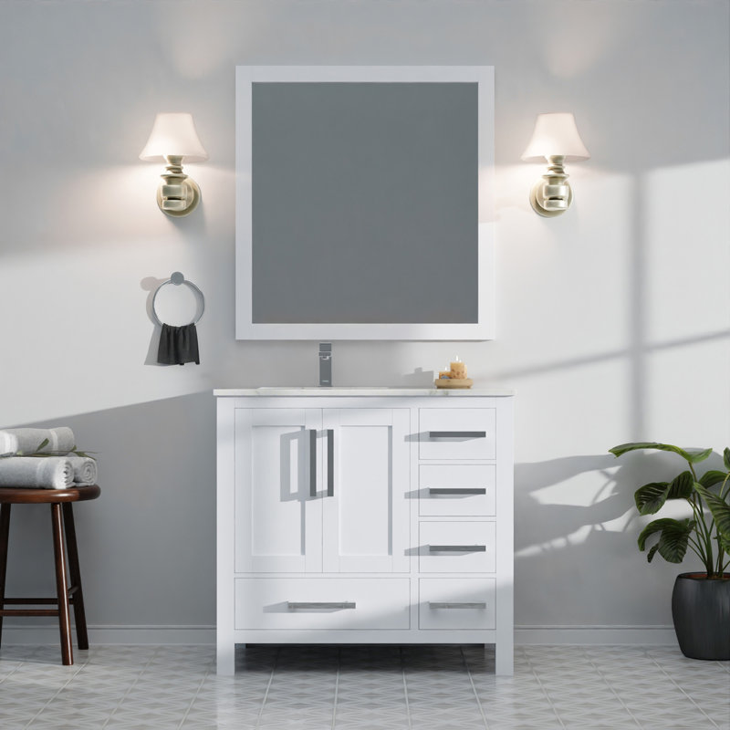 Dark Grey Bath Vanity 36 in. W x 22 in. D, Left Offset and 34 in. Mirrors, White