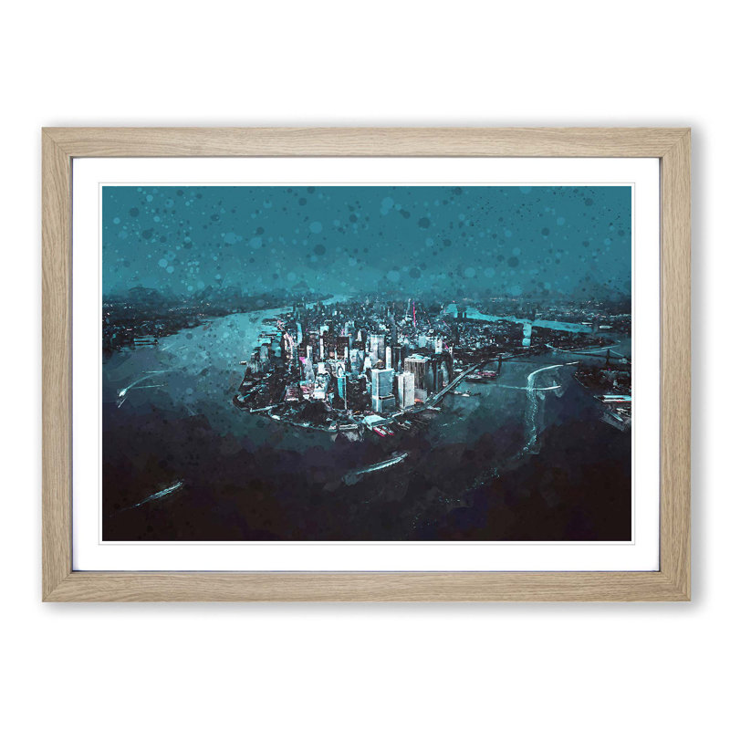 Skyline of New York at Night in Abstract - Picture Frame Graphic Art Print on MDF, 36cm H x 48cm W x 2cm D, Oak Framed