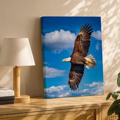 Toile, "Aigle chauve majestueux" gracieusement contre un art mural bleu éclatant, ses ailes entièrement déployées, mettant en vedette une plume complexe