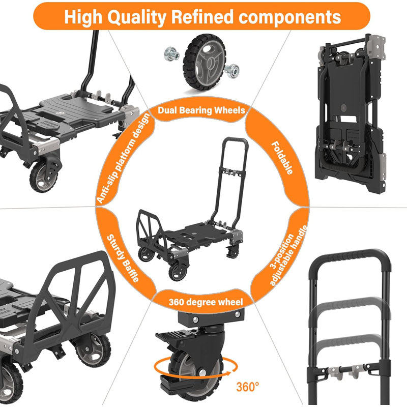 2-In-1 Folding Hand Truck Dolly Cart With 330 Lbs Capacity - Retractable Handle, Convertible Design