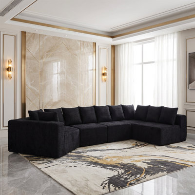 Canapé modulaire à assise profonde en L de 151,6 pouces avec canapé modulaire en tissu chenille de 11,6 pouces et 11 coussins inclinables incurvés sans assemblage requis, noir