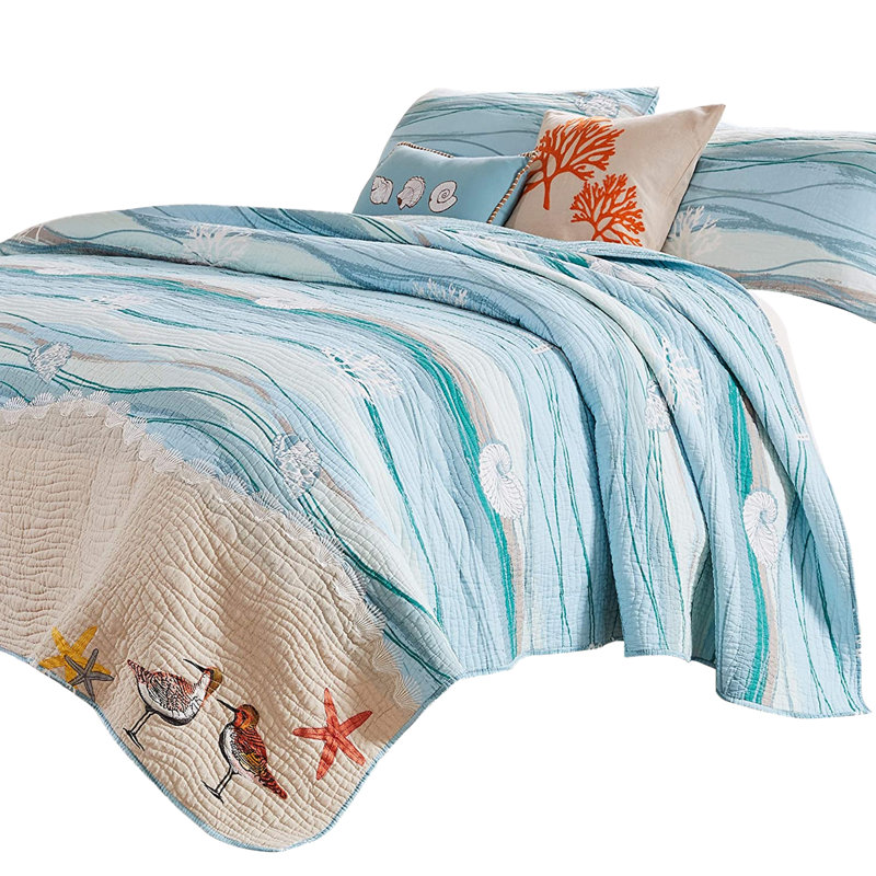 Maritsa Maui Embroidery Seashell Reversible Quilt Set with decorative pillows, Queen Quilt + 2 Shams