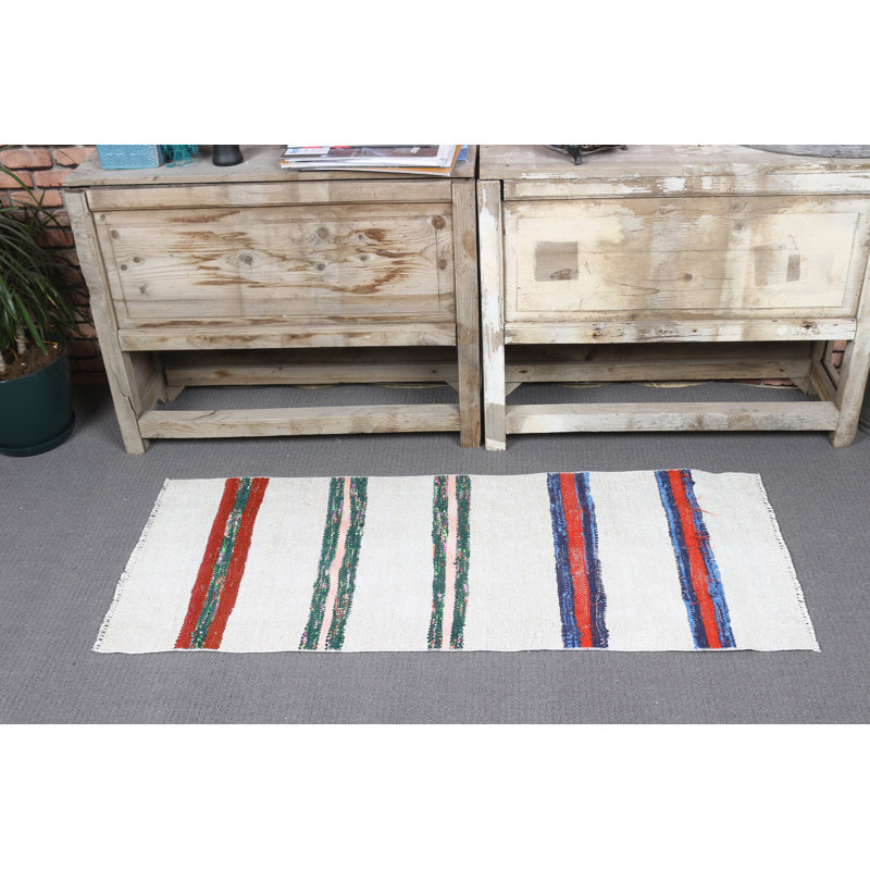 Petit tapis turc anatolien à rayures en chanvre tissé à plat de style rétro blanc pour rehausser les espaces intérieurs