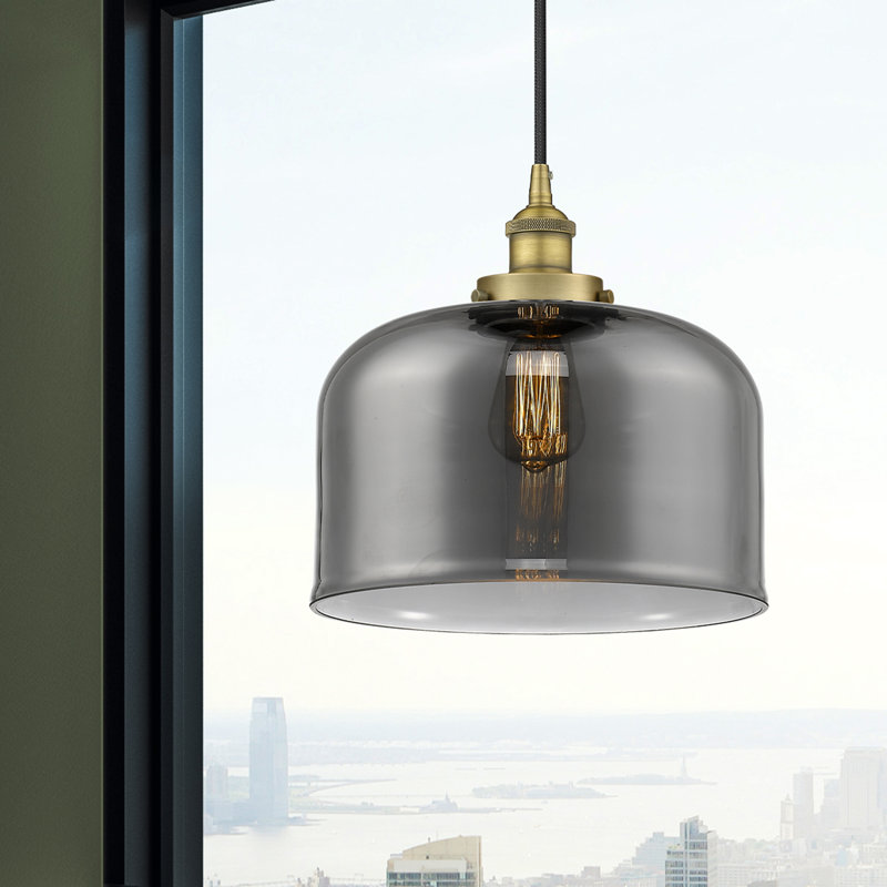 Bell - Mini luminaire suspendu 12 po à 1 lumière - Finition laiton brossé - Abat-jour fumé clair, gris, Laiton brossé
