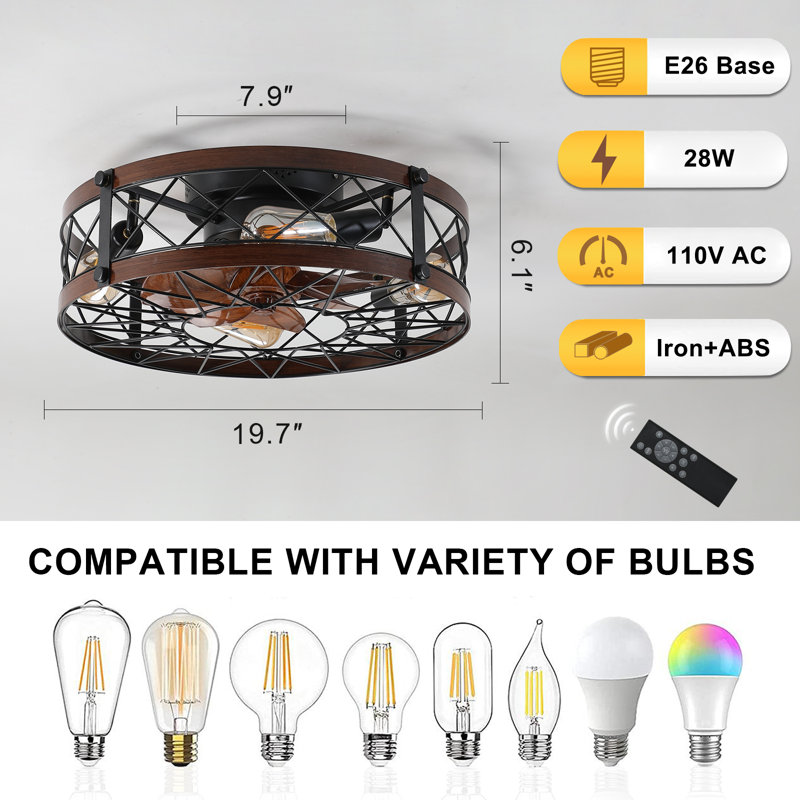 Ventilateur de plafond encastré en cage 20 pouces avec 4 lumières et télécommande, ventilateur intérieur à profil bas