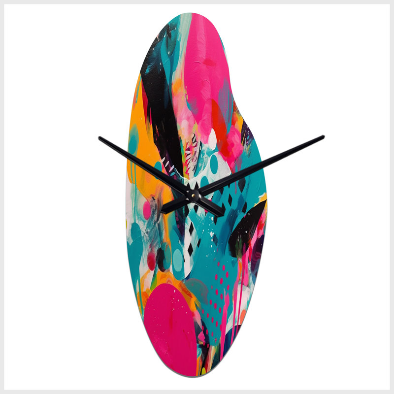 «Pink and Turquoise Abstract Enigma I», horloge murale asymétrique abstraite, Médium