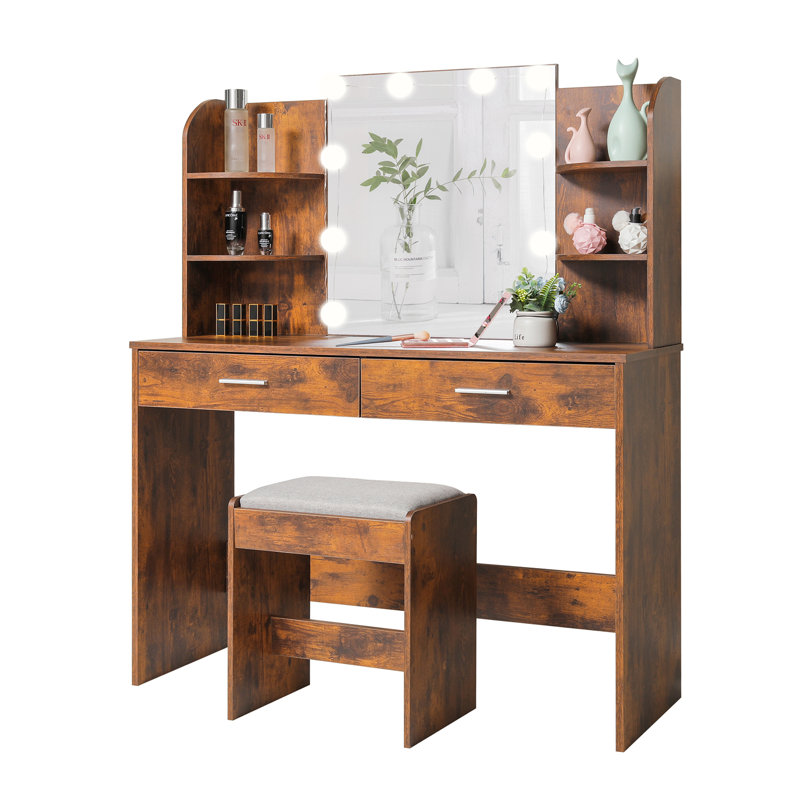 Ensemble de coiffeuse Engelsman avec 10 ampoules DEL, 2 tiroirs, 6 tablettes de rangement et un tabouret rembourré, Marron