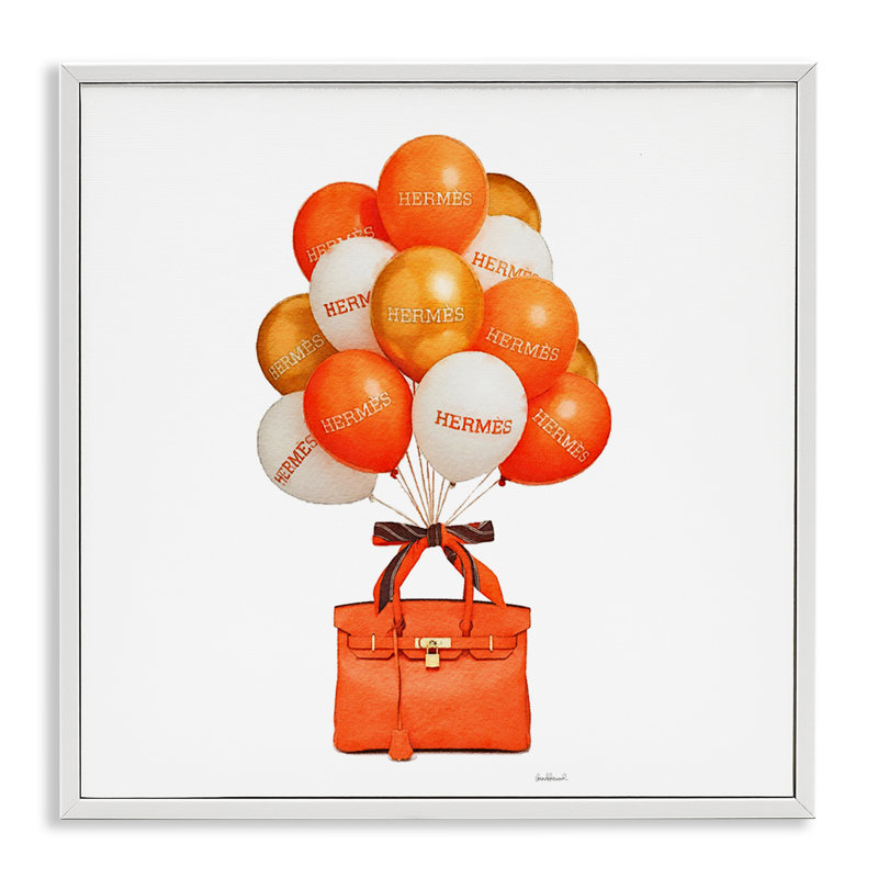 Estampe orange avec sac à main et ballons orange, design par Amanda Greenwood, Encadrement giclée blanc côtier