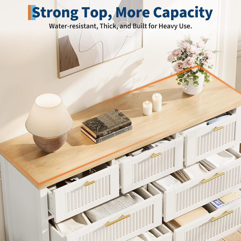 Commode cannelée en bois avec commode à 7 tiroirs, l 47,4 po avec 5 tiroirs pour la chambre à coucher, Blanc