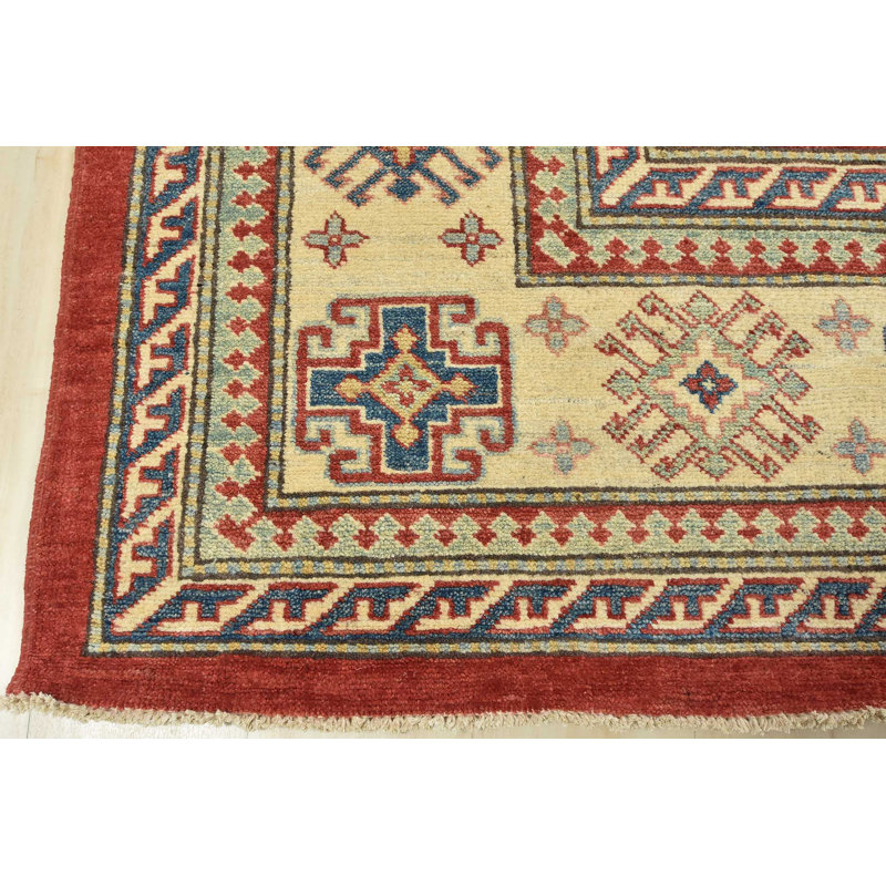 Tapis géométrique en laine noué à la main rouge / bleu / beige