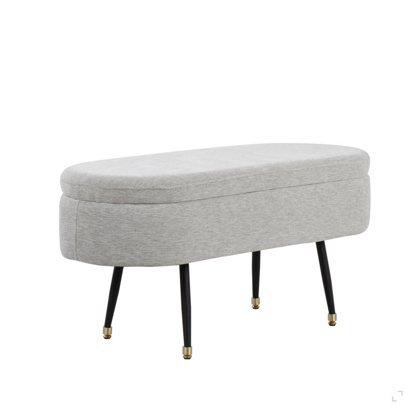 Banc de rangement contemporain en métal noir et tissu gris clair avec accent en métal doré