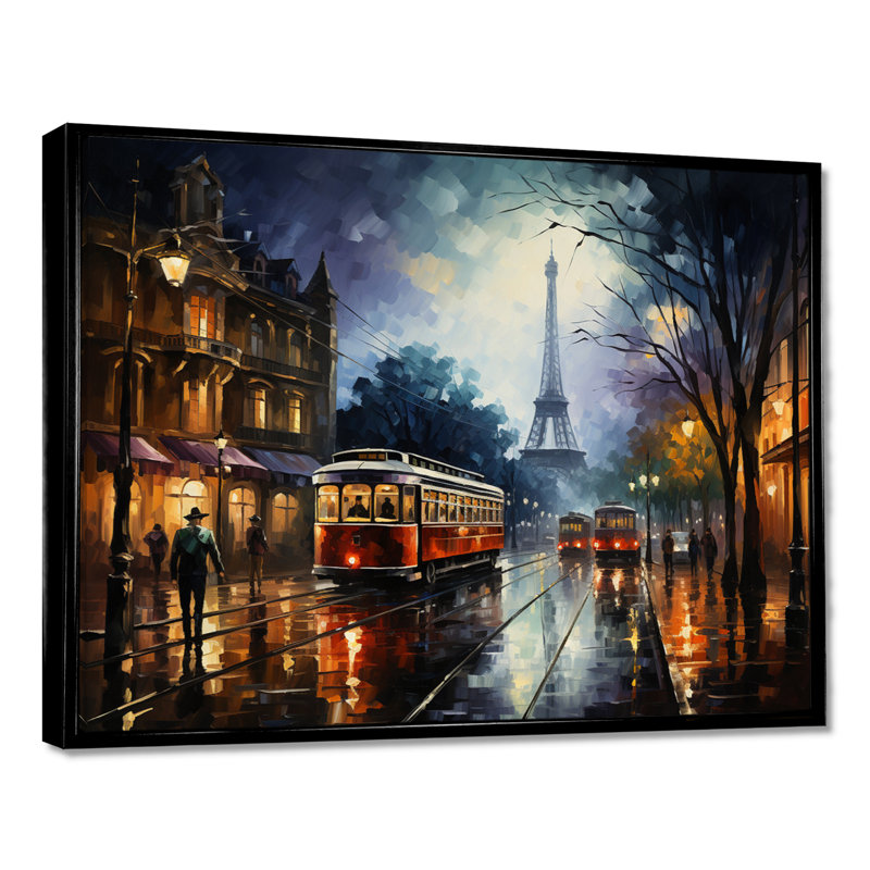 Vieille scène urbaine de Trams rouges de Paris - art mural de la ville de Paris, Cadre flottant noir, H 30 po x l 40 po