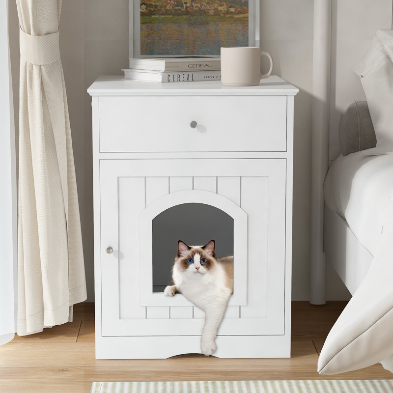 Enceinte de litière intérieure en bois pour chat avec table d'appoint et tiroir - table blanche, intérieur, bois, Blanc