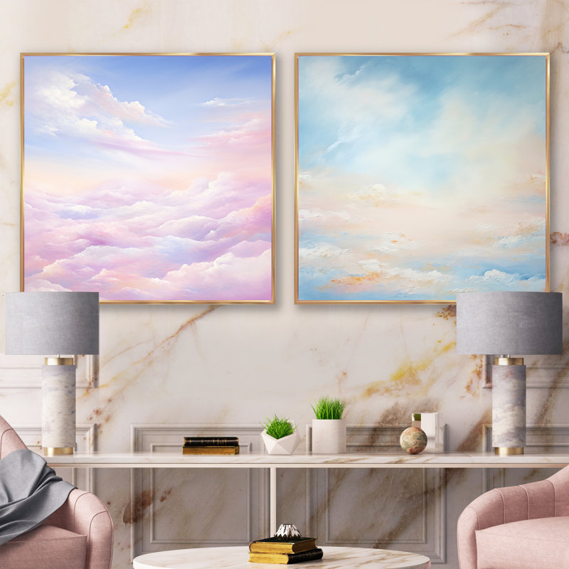 Nuage rose, paysage minimaliste - ensemble de 2 carrés carrés, H 16 po x l 33 po, Cadre flottant doré