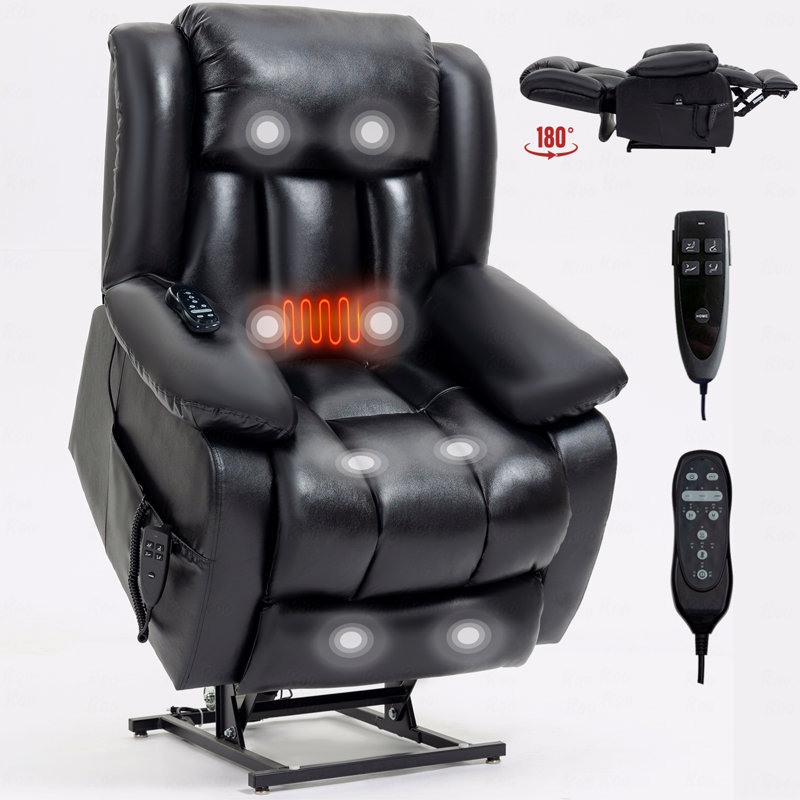 Dual Motor With Infinite Position Function Electric Medium Size Genuine Leather Black With Power Lift Function Recliner Chair With 8-Point Vibration With Massage Function And Lumbar With Heating Functioning