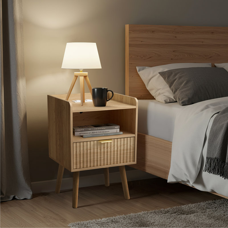  1 - Drawer Nightstand With Charging Station, Modern End Table With Open Compartment (Set Of 2), Beige